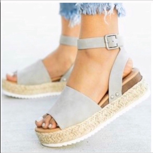 Shoes - Gray Suede Espadrille Wedge Sandals